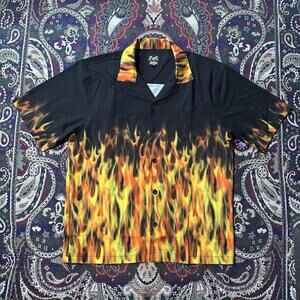 Vintage Y2K Benny’s Men’s Flame Fire All Over Print Button Up Shirt Size Medium